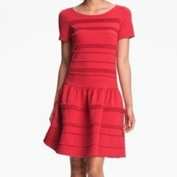 Eliza J Red striped textured size 4 ruffle Dressy midi dress - Picture 1 of 9